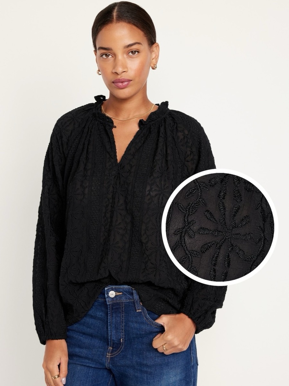 Old Navy Ruffle Trim Split Neck Top in Black - Size: Medium